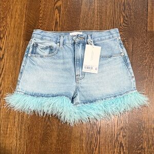 Frame Denim Light Blue Jean Shorts with Aqua Feather Hem